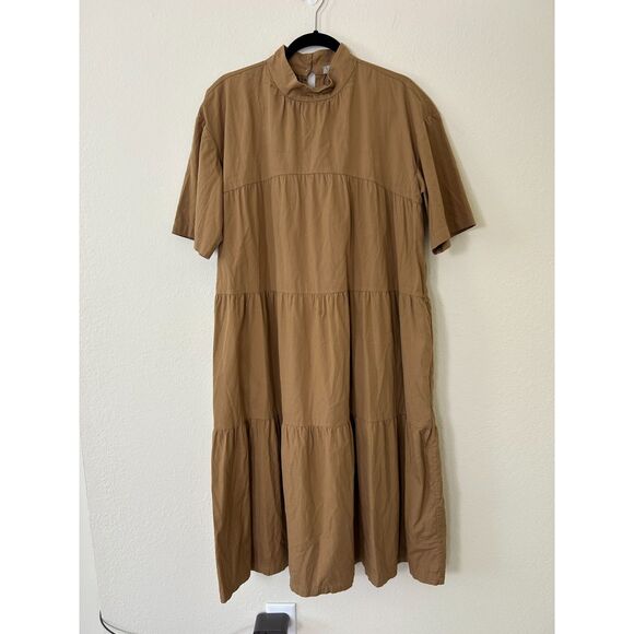 Everlane Dresses & Skirts - Everlane Dress Women's L Cotton Mockneck Tiered Midi Tan‎ cottagecore pockets